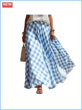Vintage Gingham Plaid Maxi Skirt High Waisted A-Line Flowy Long Skirt